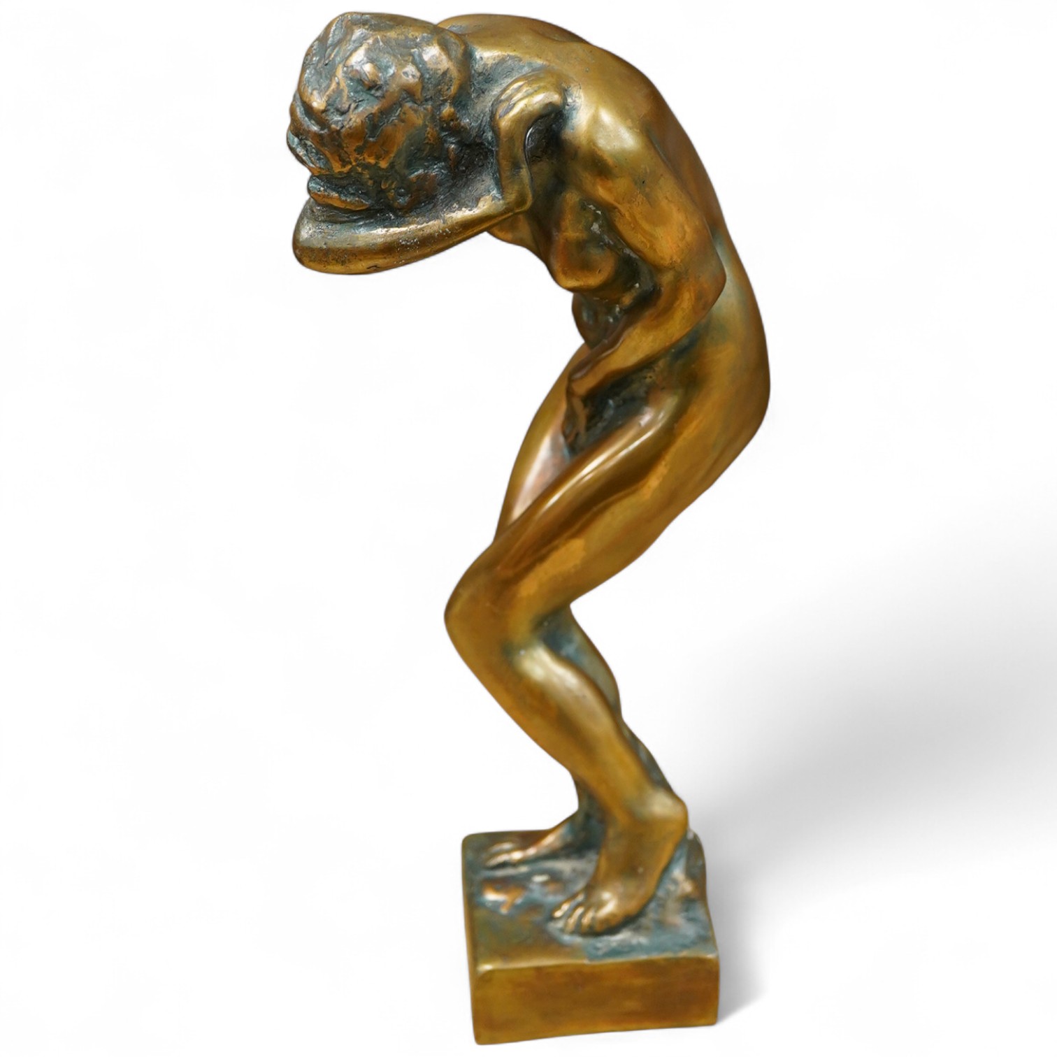 A polished bronze study of a standing nude figure, 41cm high